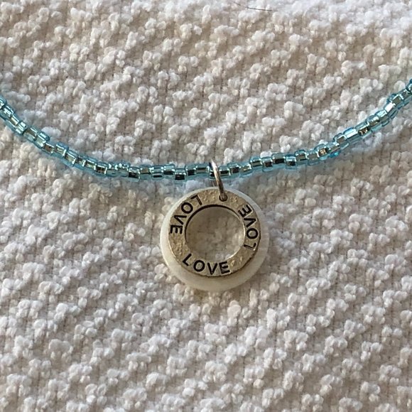 NEW! Beaded Choker Necklace Seed Bead w Shell & Stamped "Love" Metal Pendant - Picture 6 of 8